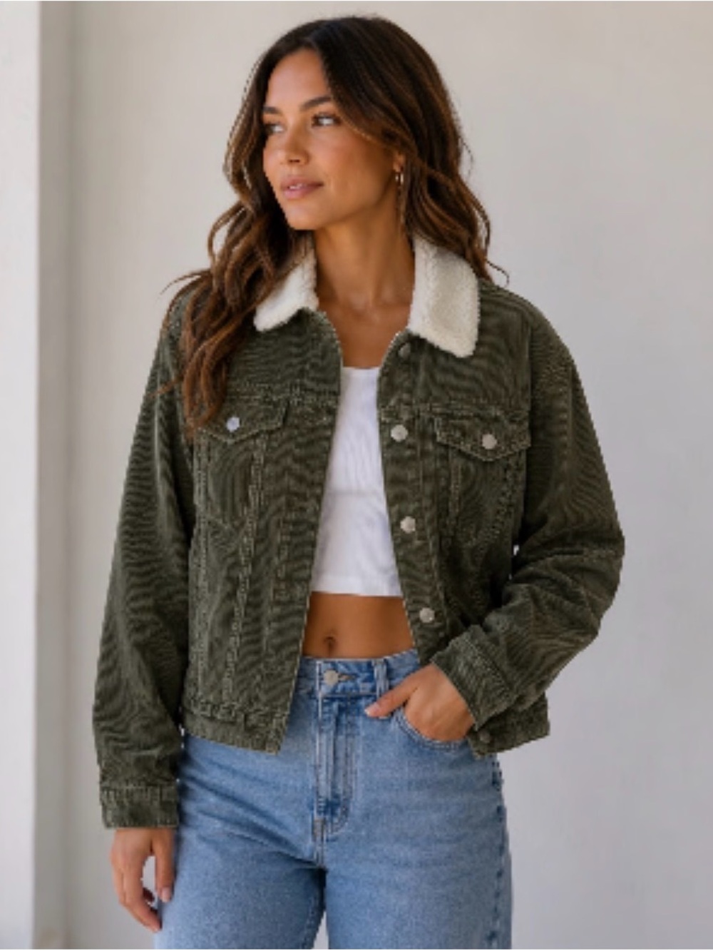 Olive Corduroy Sherpa-Lined Trucker Bomber  Jacket